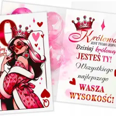 Karty z życzeniami na 40 urodziny dla królowej. Stylizowana grafika kobiety w koronie i płaszczu w serduszka.