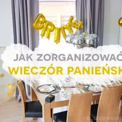 Złote balony z konfetti i napisem "BRIDE" nad stołem, przygotowanym na wyjątkowy wieczór panieński.