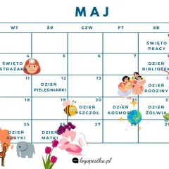 Kalendarz z ilustracjami świąt majowych: ptak, dzieci, strażak, pszczoła, rodzina, bocian, żyrafa, słoń, żółw, ziemia.