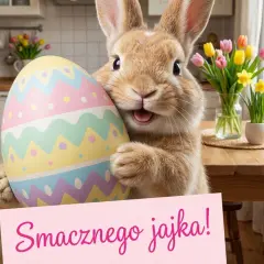 Uroczy króliczek z wielkanocnym jajkiem i krótkie życzenia wielkanocne: "Smacznego jajka!".