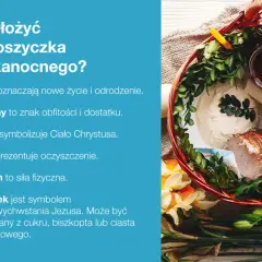 Wielkanocny koszyczek pełen symboli: jajka, wędliny, chleb, sól, chrzan i baranek.