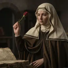Kobieta w habicie trzyma różę, obok księga. To obraz modlitwy do św. Rity za dzieci.