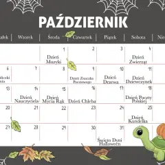 Kalendarz na październik z zaznaczonymi świętami, np. Dzień Nauczyciela, Dzień Kundelka i Święto Dyni Halloween.