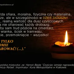 Płonąca świeca symbolizuje modlitwę za zmarłego tatę. Cytat o ofiarach w Dzień Zaduszny przypomina o wartości modlitwy.