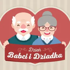 Uśmiechnięci dziadkowie trzymają baner z napisem "Dzień Babci i Dziadka".