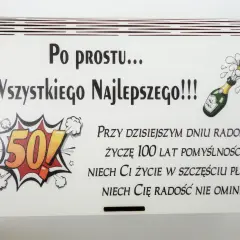 Wesołe życzenia na 50 urodziny z bąbelkami szampana i liczbą 50. Niech życie płynie w szczęściu, a radość nie ominie!