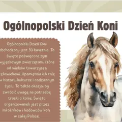 Piękny koń na akwarelowym obrazie. Obok tekst o Ogólnopolskim Dniu Koni, który przypada 30 kwietnia.