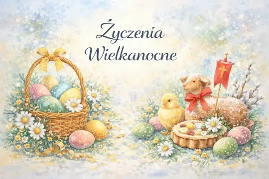 Wesołych Świąt Wielkanocnych! Koszyk z pisankami, kurczaczek i baranek z chorągiewką.