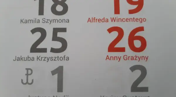 Fragment kalendarza z imionami i datami: 18, 19, 25, 26, 1, 2.