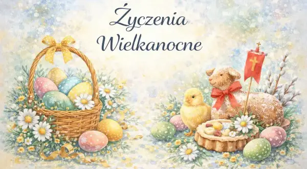 Wesołych Świąt Wielkanocnych! Koszyk z pisankami, kurczaczek i baranek z chorągiewką.