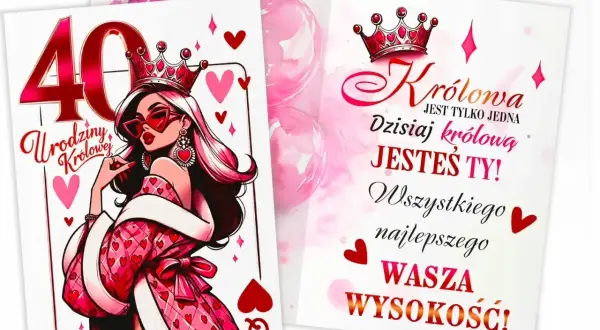 Karty z życzeniami na 40 urodziny dla królowej. Stylizowana grafika kobiety w koronie i płaszczu w serduszka.