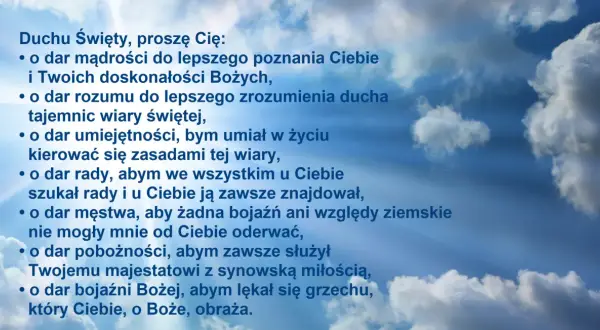 Modlitwa do Ducha Świętego o dary dla dzieci: mądrość, rozum, umiejętność, radę, męstwo, pobożność i bojaźń Bożą.