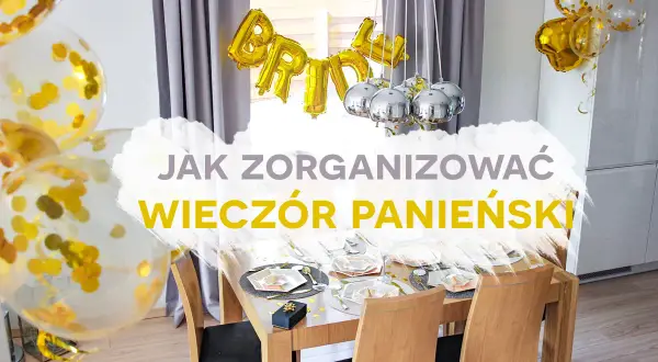 Złote balony z konfetti i napisem "BRIDE" nad stołem, przygotowanym na wyjątkowy wieczór panieński.