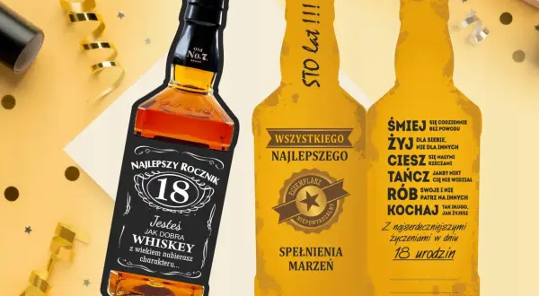 Kartka na 18 urodziny w stylu butelki whiskey i piwa. "Sto lat!" i życzenia "Śmiej, żyj, ciesz, tańcz, rób, kochaj" dla wyjątkowego jubilata.