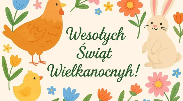 Wesołych Świąt Wielkanocnych! Urocza kurka, pisklę i zajączek wśród kolorowych kwiatów składają życzenia wielkanocne dla dzieci.