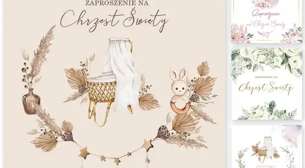 Wzory zaproszeń na chrzest: kołyska, króliczek, niemowlę i kwiaty. Idealne, by wiedzieć, jak wypisać zaproszenie na chrzest.