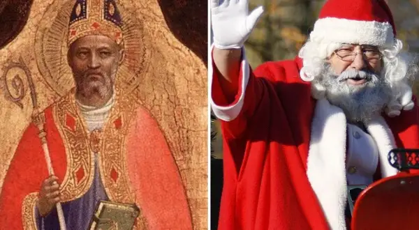 Święty Mikołaj, historyczny gwiazdor i jego współczesny odpowiednik, wesoły staruszek w czerwonym stroju, pozdrawiający z rydwanu.