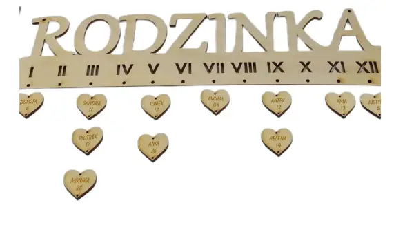 Drewniana tablica "Rodzinka" z serduszkami na imieniny, np. imieniny Nadii. Widoczne imiona: Dorota, Sandra, Tomek, Michał, Antek, Ania, Justyna, Piotrek, Ania, Helena, Monika.