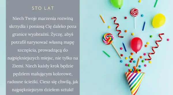 Kolorowe życzenia urodzinowe dla chrzestnego: balony, lizaki i konfetti. Sto lat!