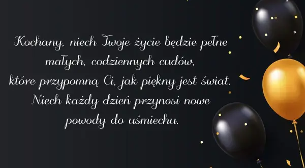 Czarno-złote balony i konfetti na ciemnym tle, z tekstem życzeń urodzinowych.