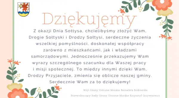 Wesoły dzień sołtysa! Podziękowania dla sołtysów za pracę i zaangażowanie. Kwiatowe ozdoby dodają uroku.