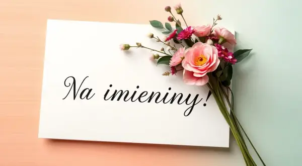 Bukiet różowych kwiatów na białej karcie z napisem "Na imieniny!". Wszystkiego najlepszego z okazji imienin Ireneusza!