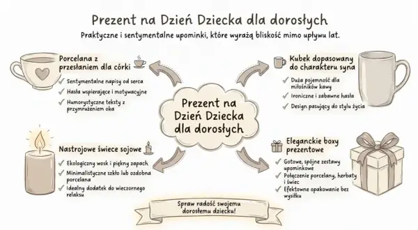 Pomysły na prezent na Dzień Dziecka dla dorosłych: kubek dla syna, porcelana dla córki, świece i eleganckie boxy. Spraw radość!