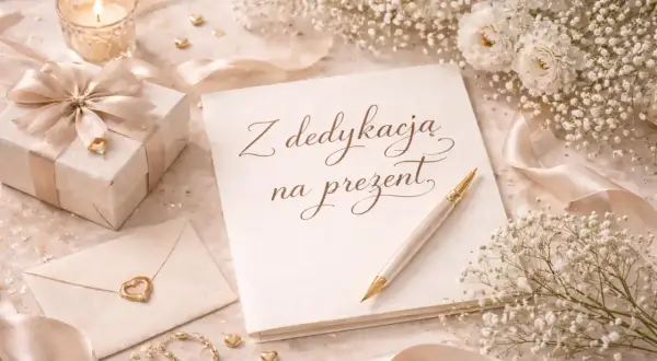 Elegancka dedykacja na prezent, obok ozdobnego pudełka, koperty z sercem i świecy.