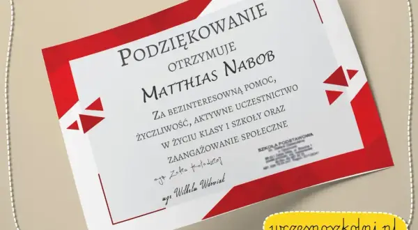 Dyplom z podziękowaniami dla nauczyciela Matthiasa Naboba za pomoc i zaangażowanie. Wpisano imiona Zofii Kołodziej i Wilhelma Wdowiaka.