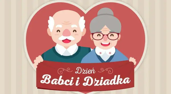 Uśmiechnięci dziadkowie trzymają baner z napisem "Dzień Babci i Dziadka".