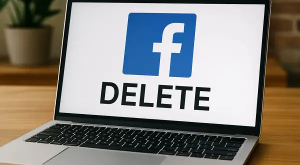 Laptop z logo Facebook i napisem DELETE. Czy jeśli usunę zaproszenie na Facebooku to on to widzi?