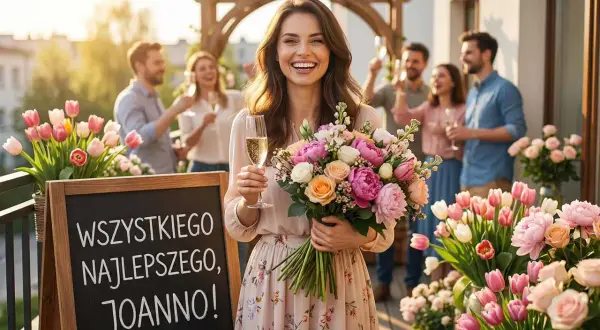 Radosne imieniny Jolanty na tarasie. Uśmiechnięta solenizantka z bukietem kwiatów i kieliszkiem szampana. Na tablicy napis "Wszystkiego najlepszego, Joanno!".