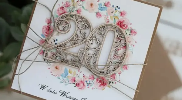 Elegancka kartka z napisem "W dniu Waszego Jubileuszu" i ażurowymi cyframi "20" na tle kwiatowej girlandy. Idealna na 20 rocznicę ślubu życzenia.