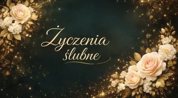 Eleganckie życzenia na ślub z bukietami jasnych róż i złotymi zdobieniami.