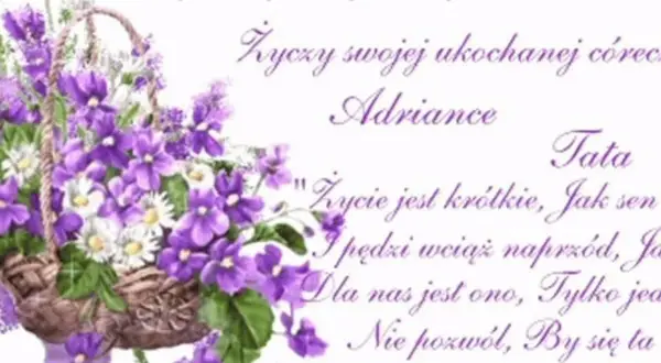 Koszyk z fioletowymi kwiatami i napisami.