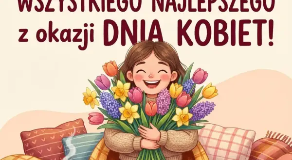 Uśmiechnięta dziewczynka z bukietem kwiatów, kotek i kubek gorącej czekolady. Wesołe życzenia na Dzień Kobiet od kobiety dla kobiety!