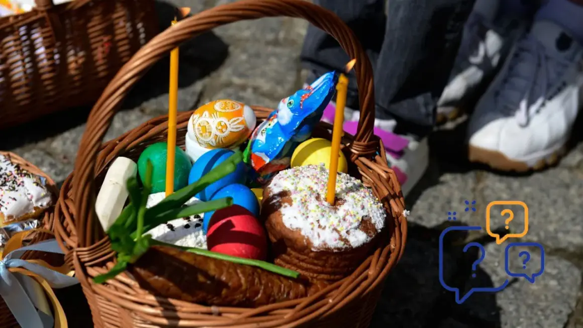 Koszyk wielkanocny z pisankami, babką i świecami. Zastanawiasz się, dlaczego święta wielkanocne są ruchome?