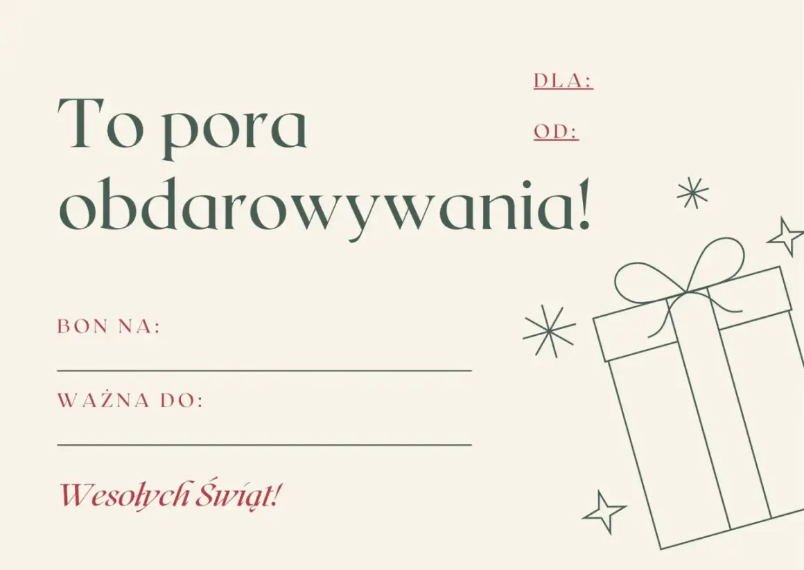 Darmowy voucher wzór do pobrania. Idealny na prezent, z miejscem na wpisanie "Bon na:", "Ważna do:", "Dla:" i "Od:".