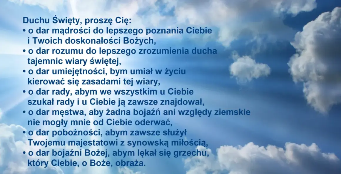 Modlitwa do Ducha Świętego o dary dla dzieci: mądrość, rozum, umiejętność, radę, męstwo, pobożność i bojaźń Bożą.