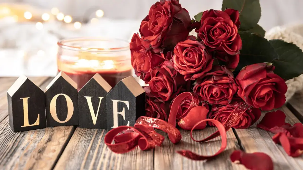 Bukiet czerwonych róż, świeca i ozdobne litery tworzące napis LOVE. Romantyczna sceneria na 11 rocznicę ślubu.