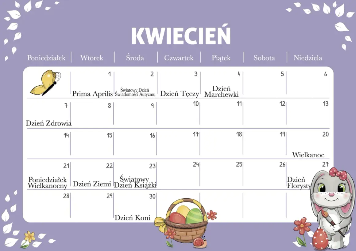 Kwiecień pełen jest nietypowych świąt: Prima Aprilis, Dzień Tęczy, Dzień Marchewki, Dzień Zdrowia, Dzień Ziemi, Dzień Książki, Dzień Florysty i Dzień Koni.