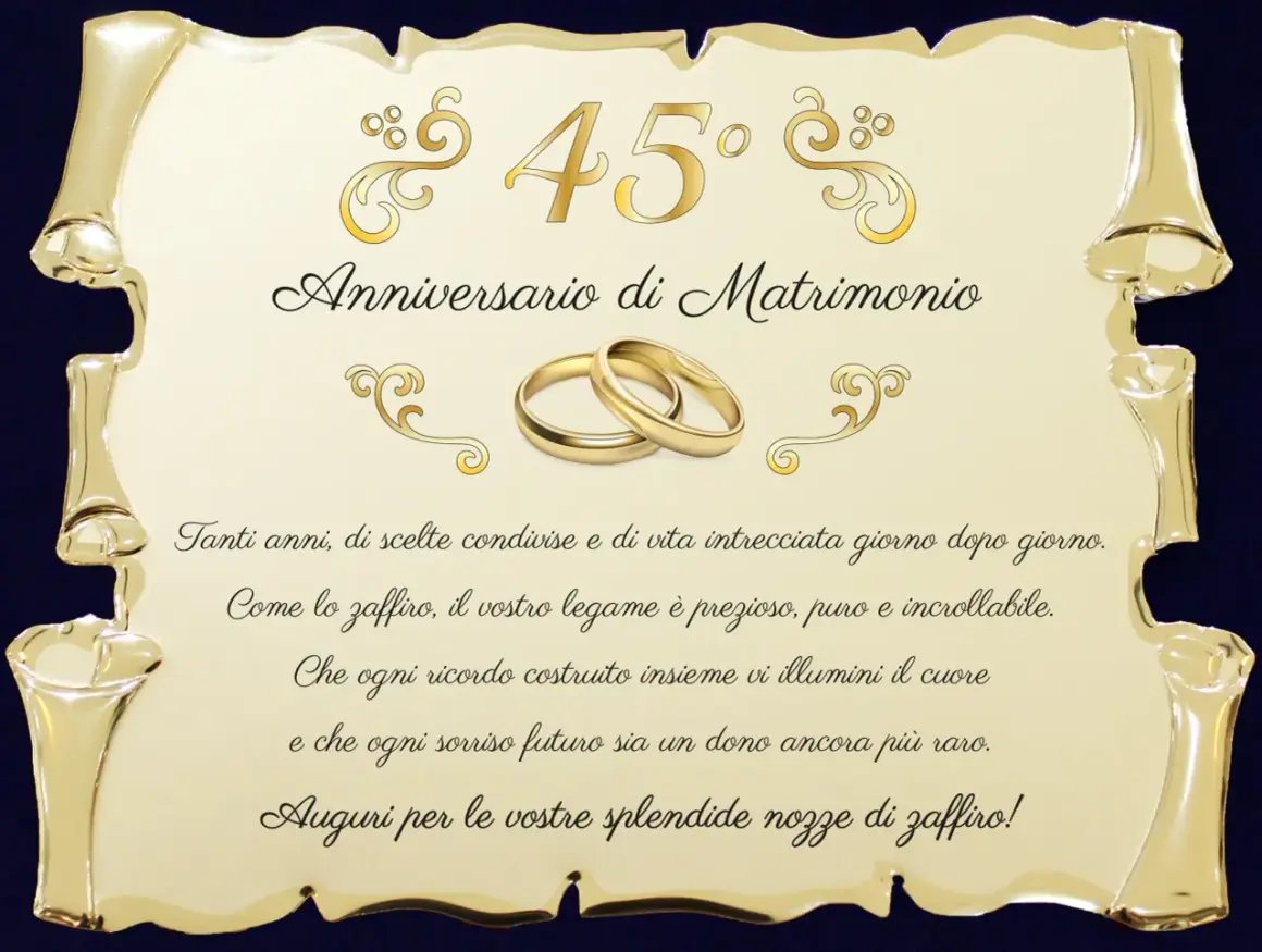 Złota ramka z napisem "45° Anniversario di Matrimonio" i obrączkami. Życzenia z okazji 45 rocznicy ślubu, zwane też "szmaragdowymi" lub "szafirowymi" godami.