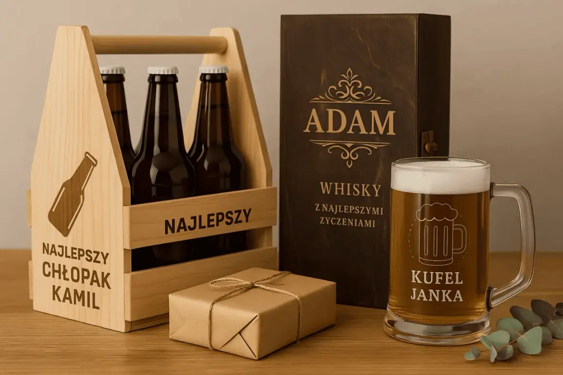 Drewniany zestaw z piwem i kuflem, idealny pomysł co kupić chłopakowi na urodziny. Personalizowana skrzynka z whisky dla Adama.