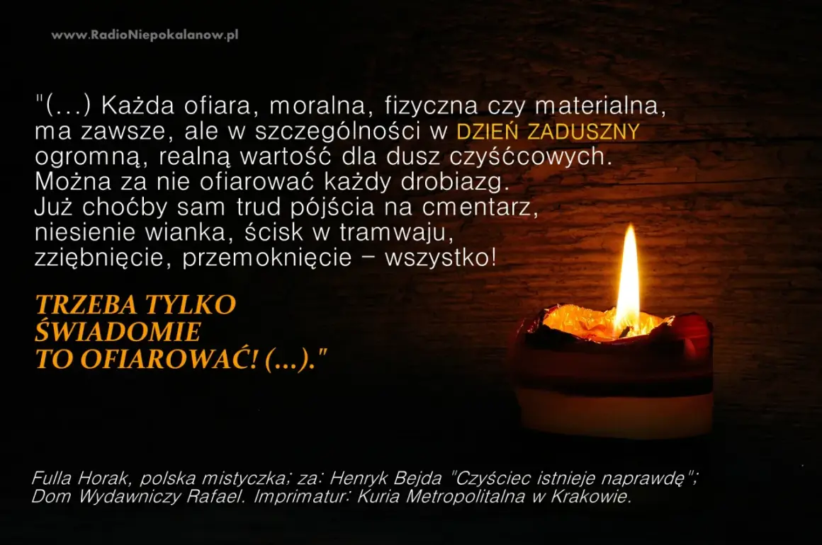 Płonąca świeca symbolizuje modlitwę za zmarłego tatę. Cytat o ofiarach w Dzień Zaduszny przypomina o wartości modlitwy.