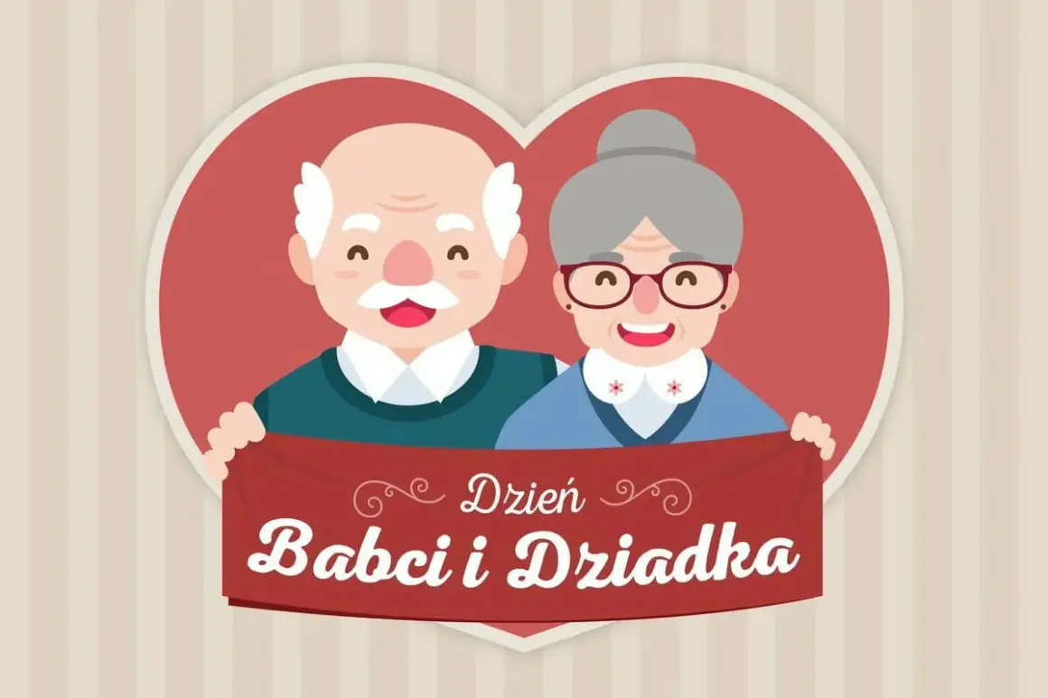 Uśmiechnięci dziadkowie trzymają baner z napisem "Dzień Babci i Dziadka".
