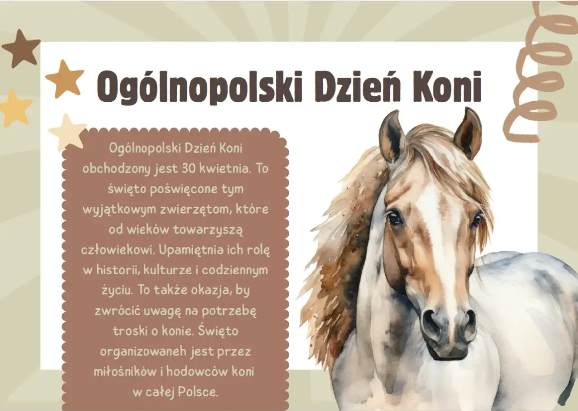 Piękny koń na akwarelowym obrazie. Obok tekst o Ogólnopolskim Dniu Koni, który przypada 30 kwietnia.