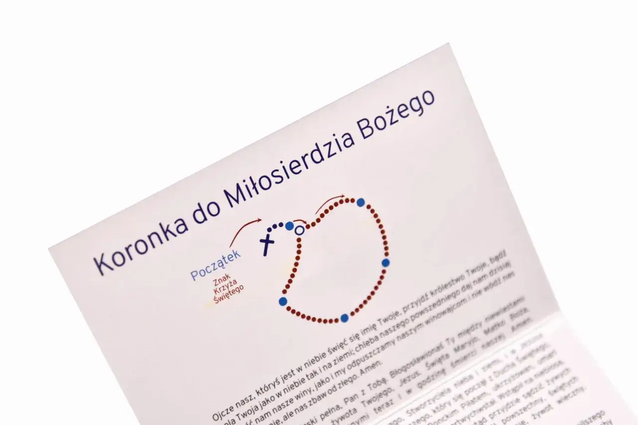 Tekst modlitwy Koronka do Miłosierdzia Bożego z zaznaczonym początkiem i schematem różańca.