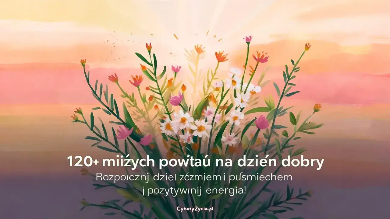 Kwiaty na tle zachodzącego słońca. Znajdź miłe słowa na dzień dobry, by zacząć dzień z uśmiechem i pozytywną energią.