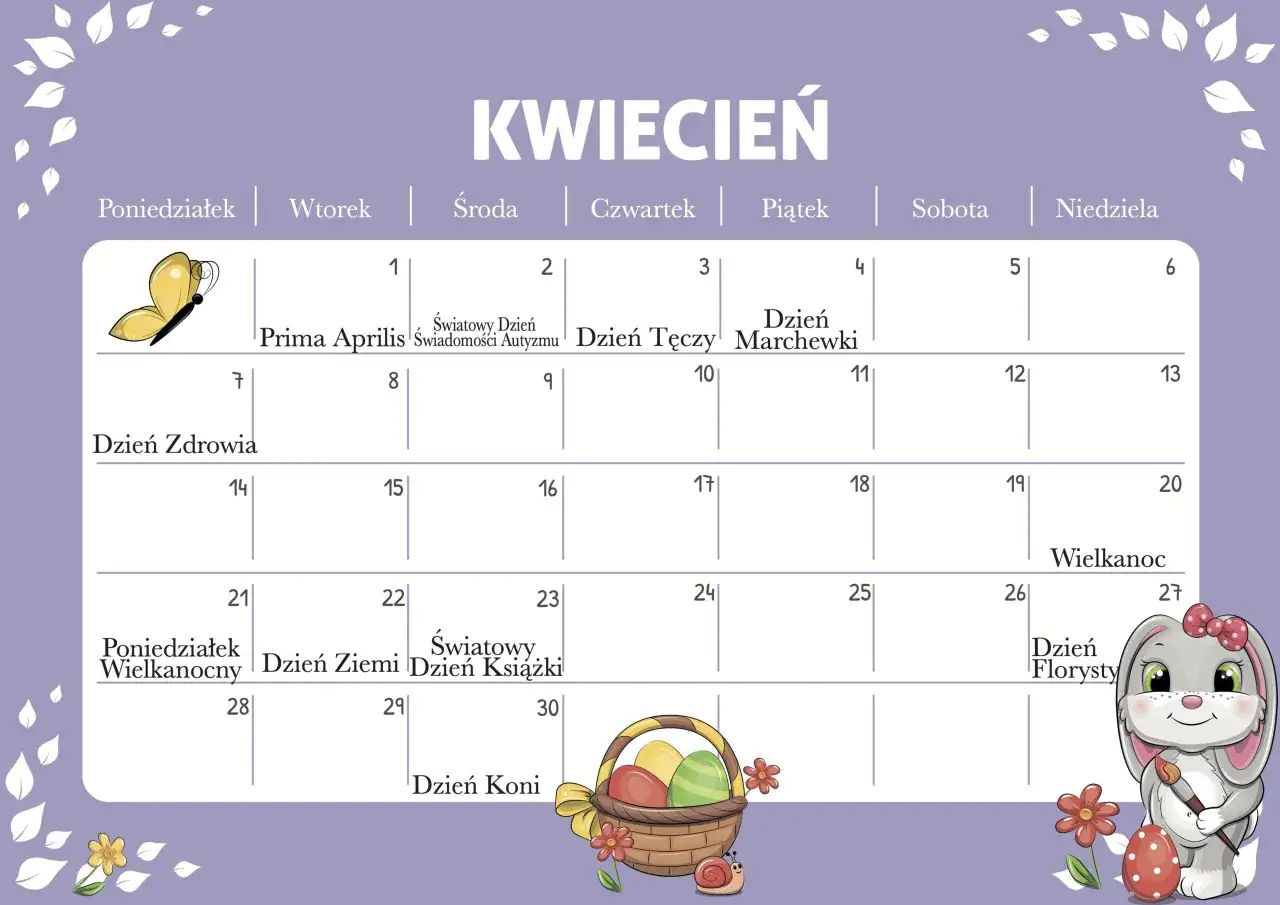 Kwiecień pełen jest nietypowych świąt: Prima Aprilis, Dzień Tęczy, Dzień Marchewki, Dzień Zdrowia, Dzień Ziemi, Dzień Książki, Dzień Florysty i Dzień Koni.
